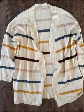 Open-Front Cream Stripe Women's Cardigan Sweater